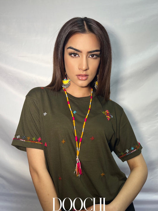 Unisex KHAKI Baloch Hand Embrodiery T-shirt - Afghan Tshirt
